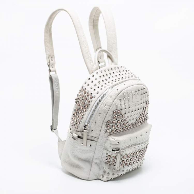 Pre Owned MCM White Swarovski Crystal Embellished Leather Small Stark Backpack