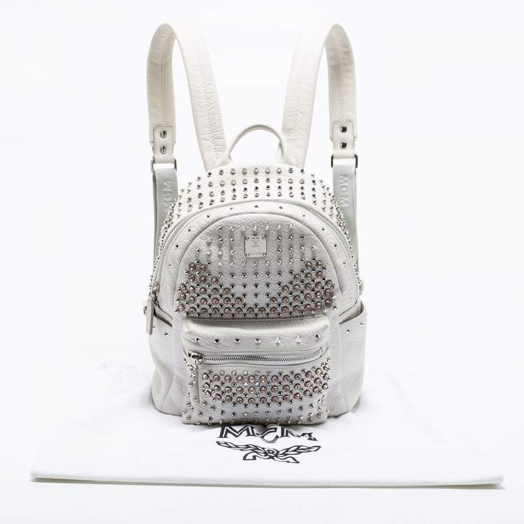 Pre Owned MCM White Swarovski Crystal Embellished Leather Small Stark Backpack