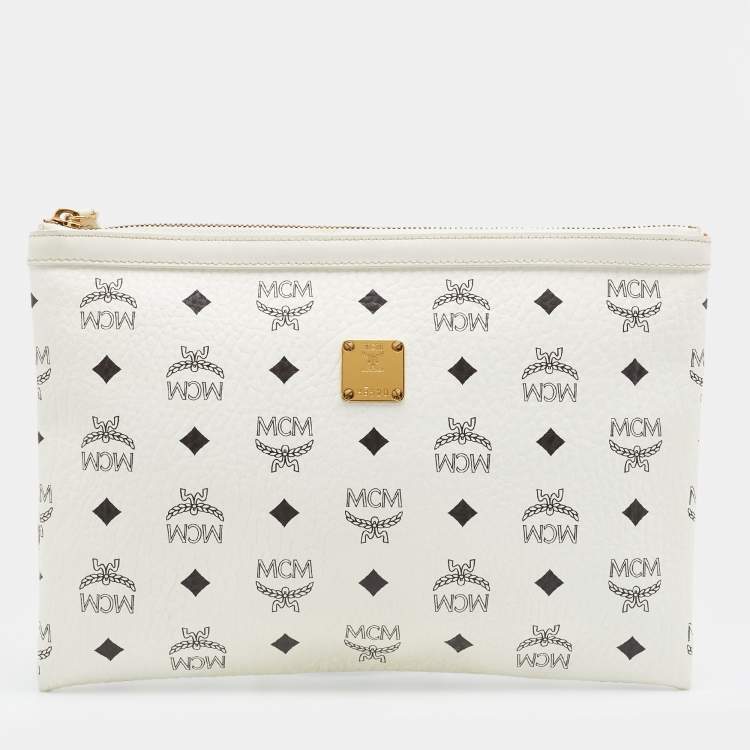 Pre Owned MCM White Vistos Coated Canvas And Leather Top Zip Pouch