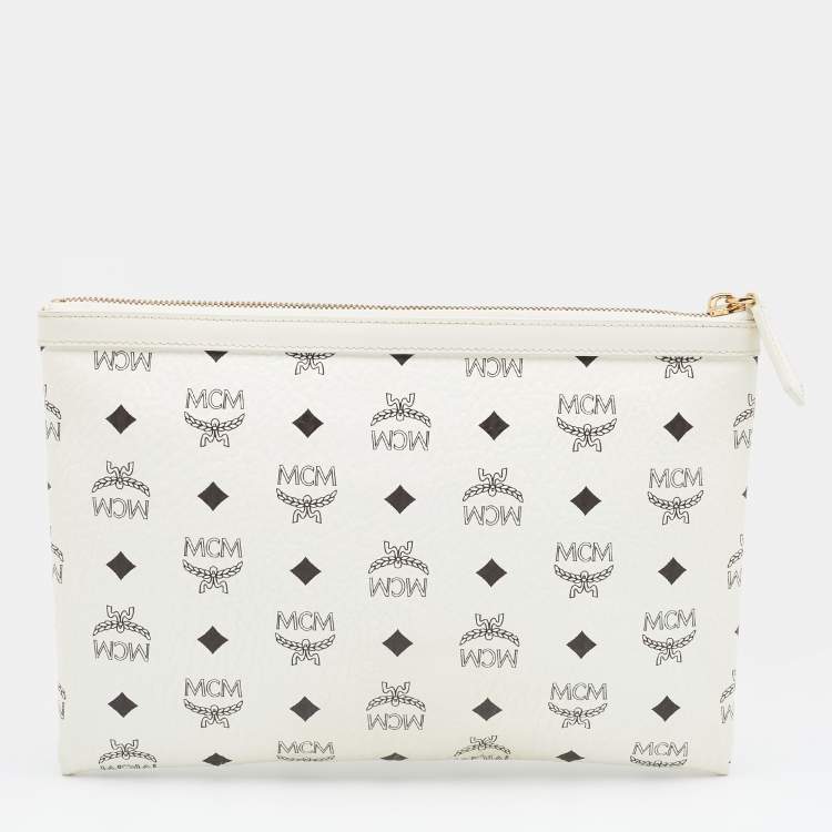 Pre Owned MCM White Vistos Coated Canvas And Leather Top Zip Pouch