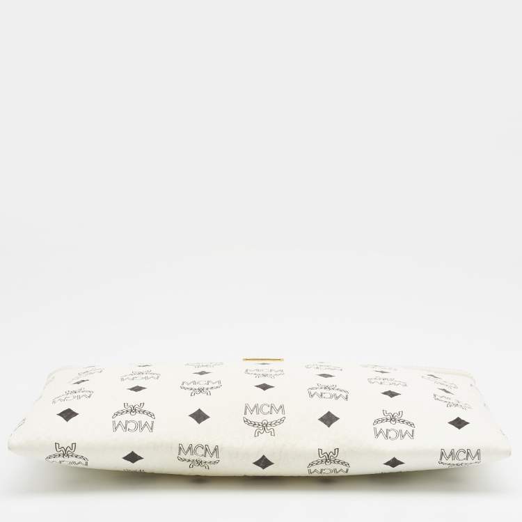 Pre Owned MCM White Vistos Coated Canvas And Leather Top Zip Pouch