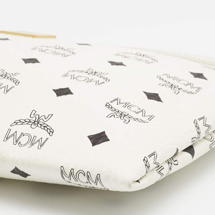 Pre Owned MCM White Vistos Coated Canvas And Leather Top Zip Pouch