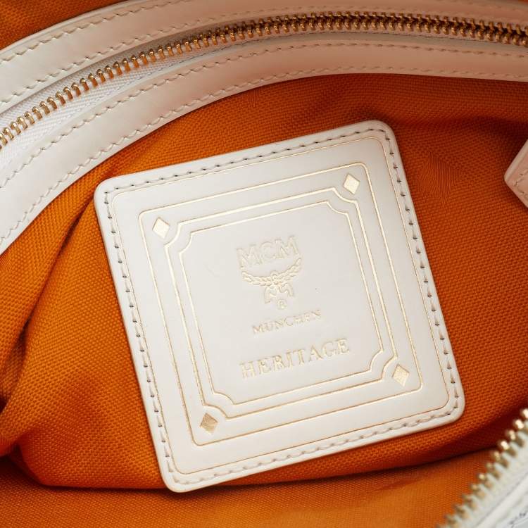 Pre Owned MCM White Vistos Coated Canvas And Leather Top Zip Pouch