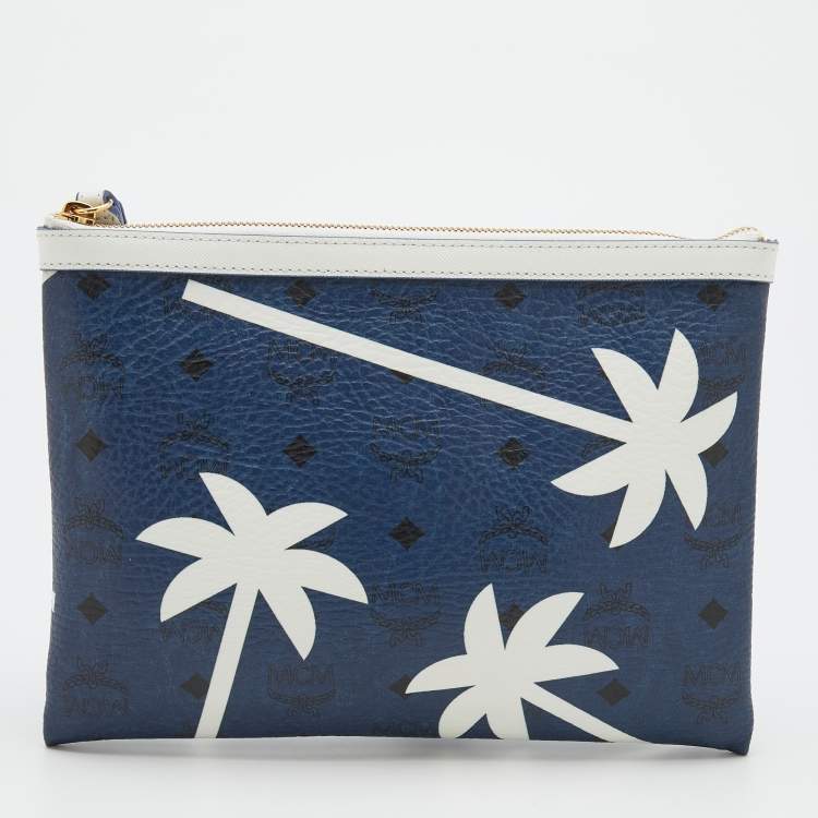Pre Owned MCM Blue/White Printed Coated Canvas Zip Wristlet Clutch