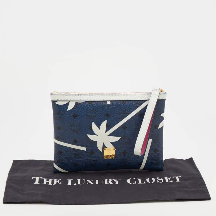 Pre Owned MCM Blue/White Printed Coated Canvas Zip Wristlet Clutch