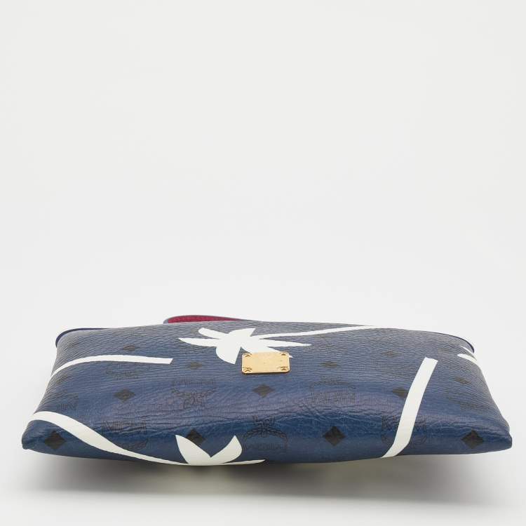 Pre Owned MCM Blue/White Printed Coated Canvas Zip Wristlet Clutch