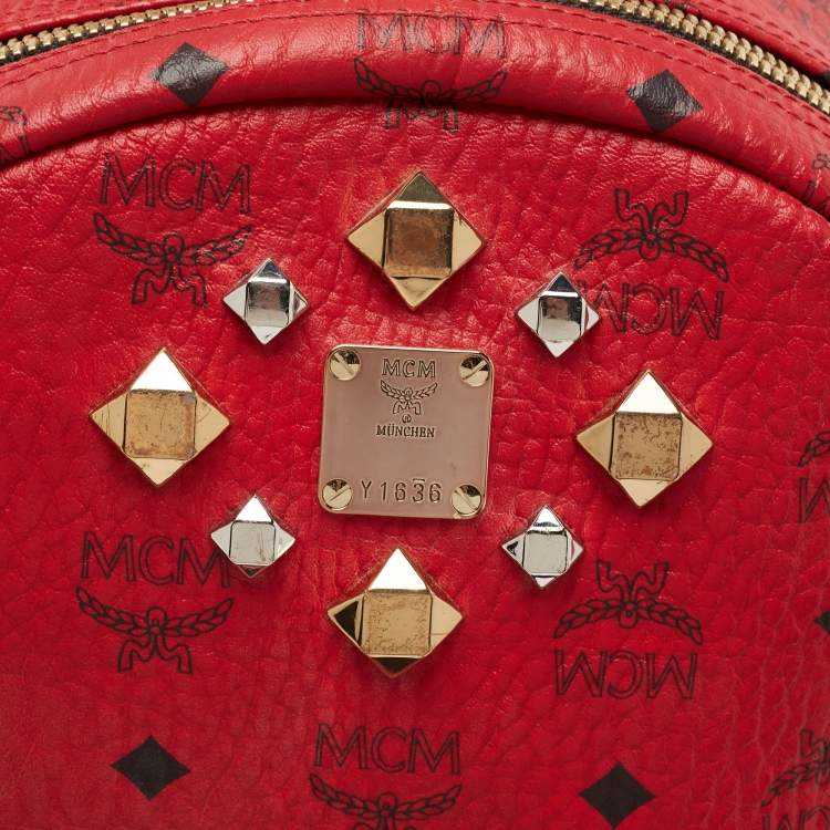 Pre Owned MCM Red Visetos Leather Stud Stark Backpack
