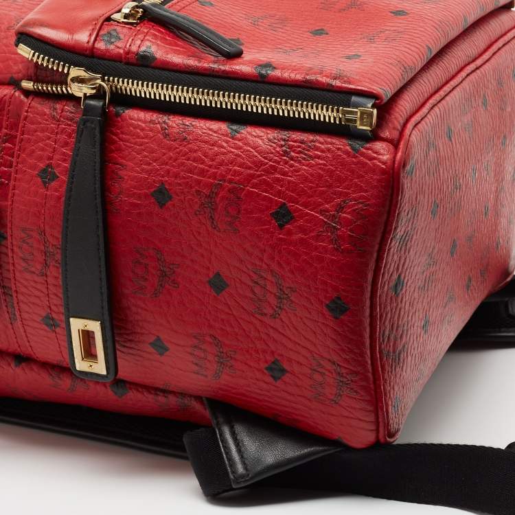 Pre Owned MCM Red Visetos Leather Stud Stark Backpack