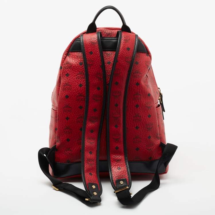 Pre Owned MCM Red Visetos Leather Stud Stark Backpack