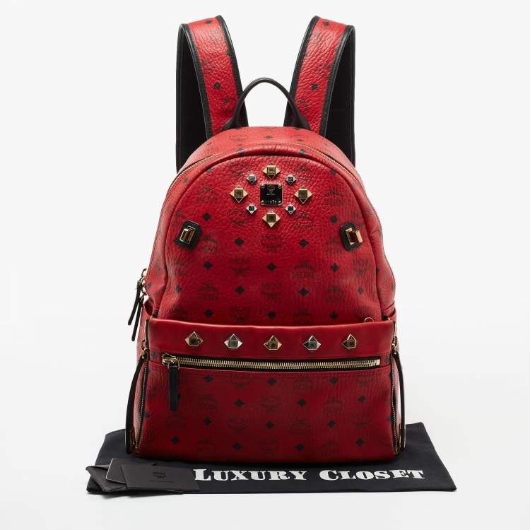 Pre Owned MCM Red Visetos Leather Stud Stark Backpack
