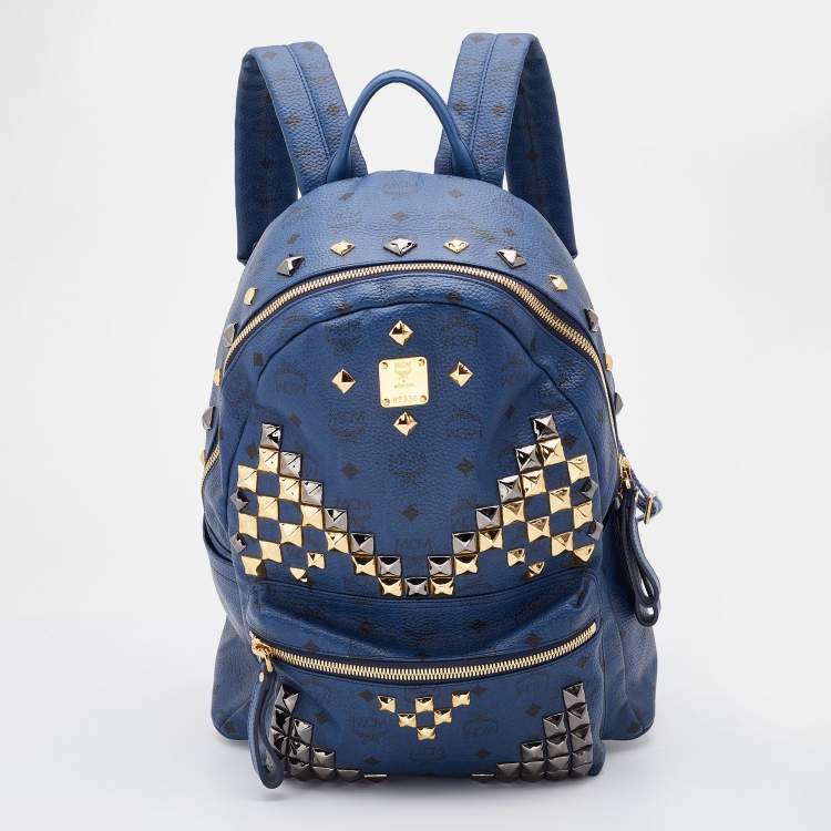 MCM Blue Coated Canvas and Leather Large Studs Stark Backpack MCM