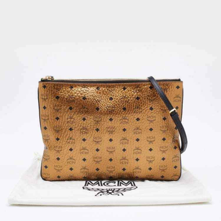 Pre Owned MCM Metallic Gold Visetos Coated Canvas Crossbody Bag