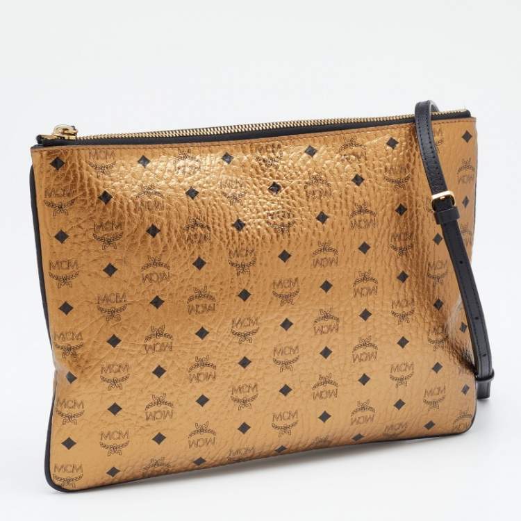 Pre Owned MCM Metallic Gold Visetos Coated Canvas Crossbody Bag