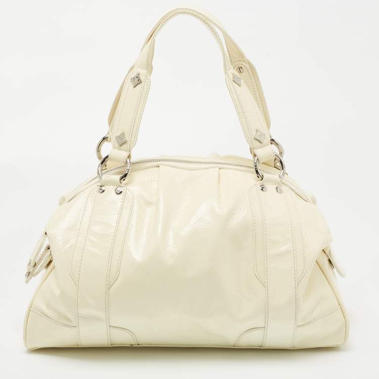Pre Owned MCM Cream Crinkled Patent Leather Satchel