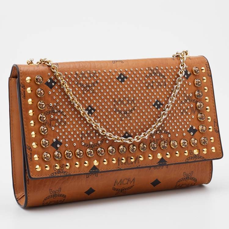 Pre Owned MCM Cognac Visetos Coated Canvas Patricia Wallet on Chain