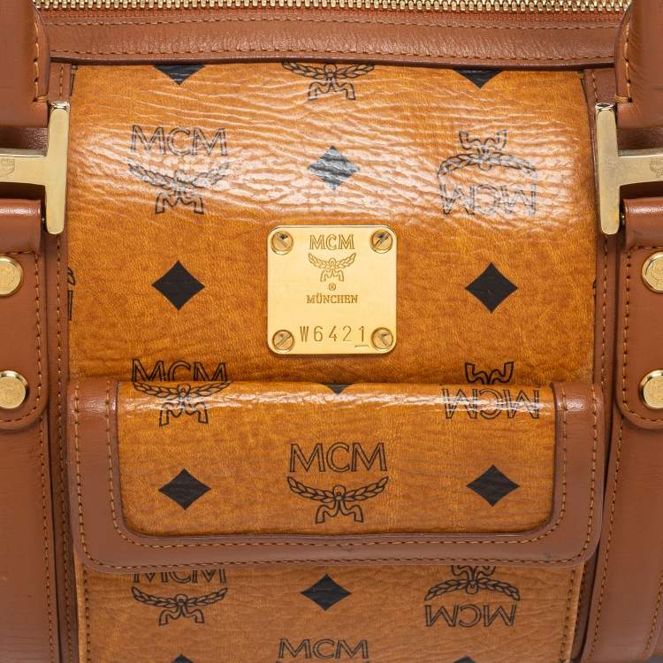 Pre Owned MCM Cognac Visetos Coated Canvas and Leather Front Pocket Boston Bag