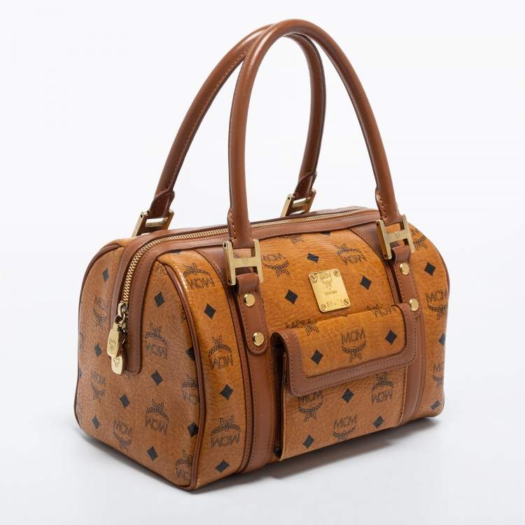Pre Owned MCM Cognac Visetos Coated Canvas and Leather Front Pocket Boston Bag