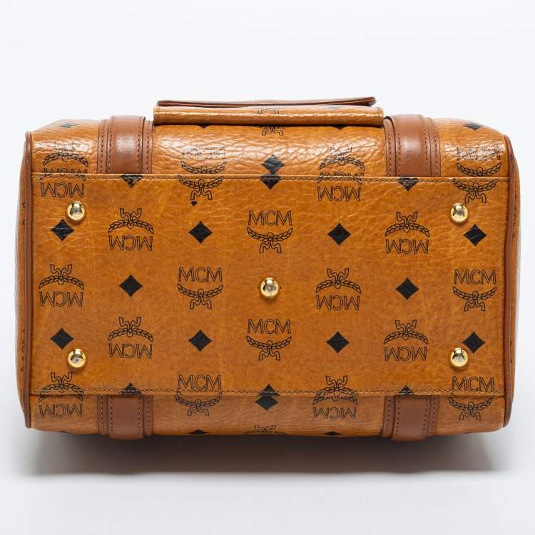 Pre Owned MCM Cognac Visetos Coated Canvas and Leather Front Pocket Boston Bag