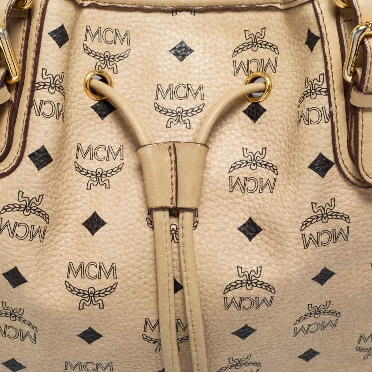 مملوكة مسبقًا MCM Beige Visetos Coated Canvas and Leather Drawstring Tote