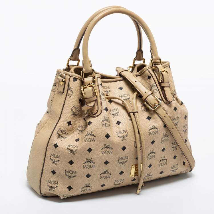 مملوكة مسبقًا MCM Beige Visetos Coated Canvas and Leather Drawstring Tote