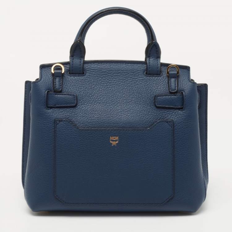 Pre Owned MCM Blue Leather Milla Flap Top Handle Bag
