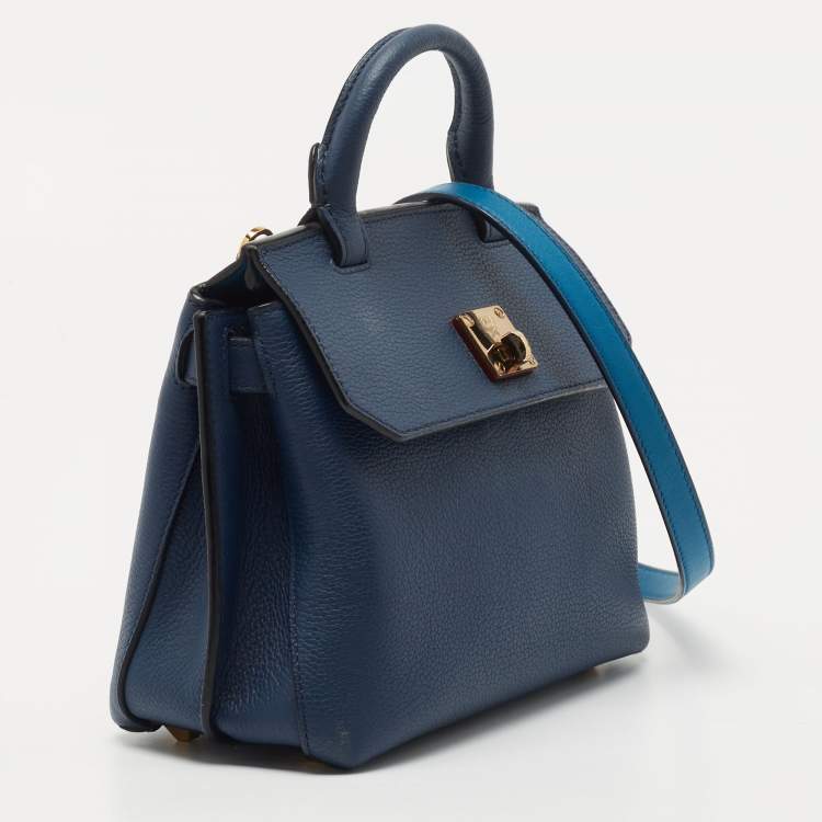 Pre Owned MCM Blue Leather Milla Flap Top Handle Bag