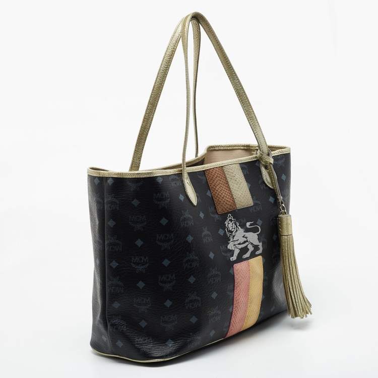 Pre Owned MCM Black Visetos Coated Canvas and Leather Princess Lion Shopper Tote