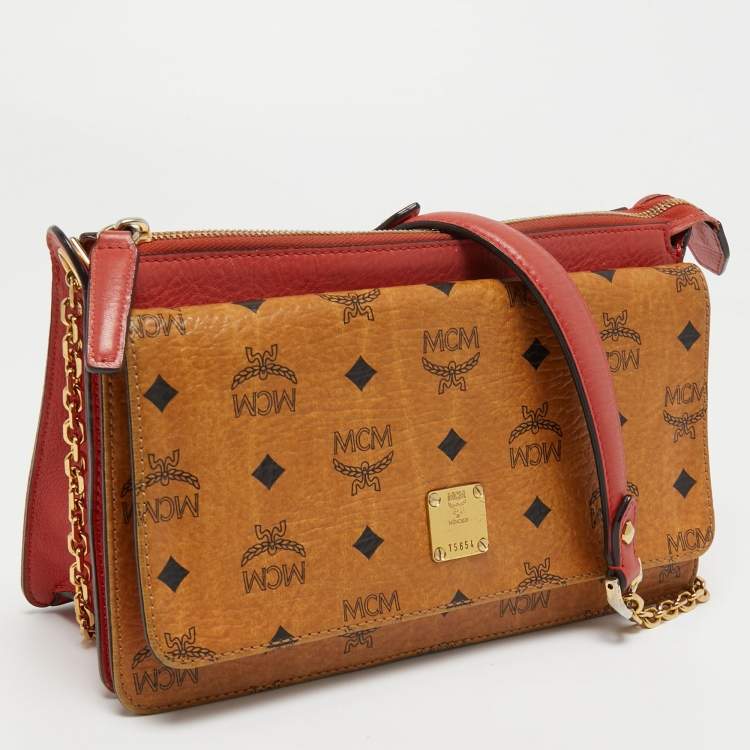 Pre Owned MCM Tan/Orange Visetos Coated Canvas and Leather Chain Crossbody Bag