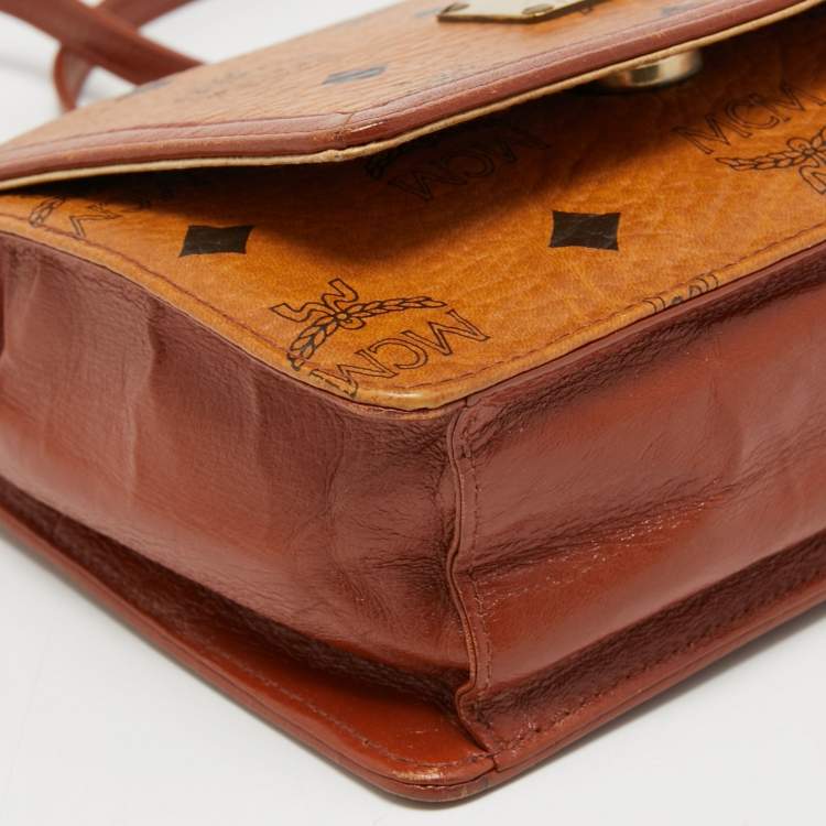 Pre Owned MCM Cognac Visetos Coated Canvas and Leather Flap Crossbody Bag