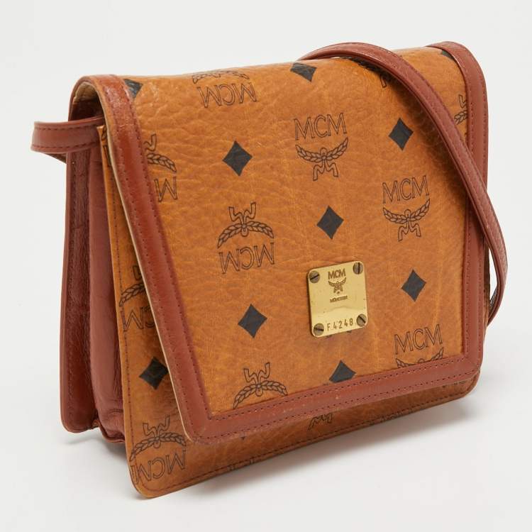 Pre Owned MCM Cognac Visetos Coated Canvas and Leather Flap Crossbody Bag