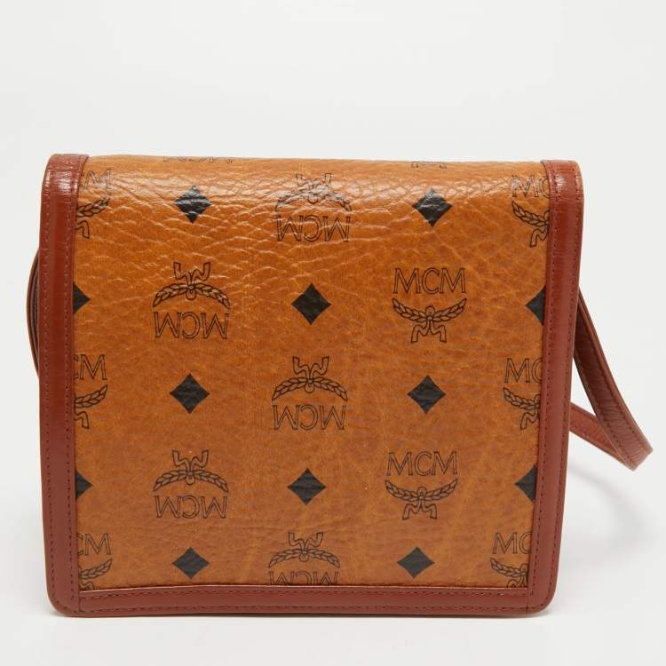 Pre Owned MCM Cognac Visetos Coated Canvas and Leather Flap Crossbody Bag