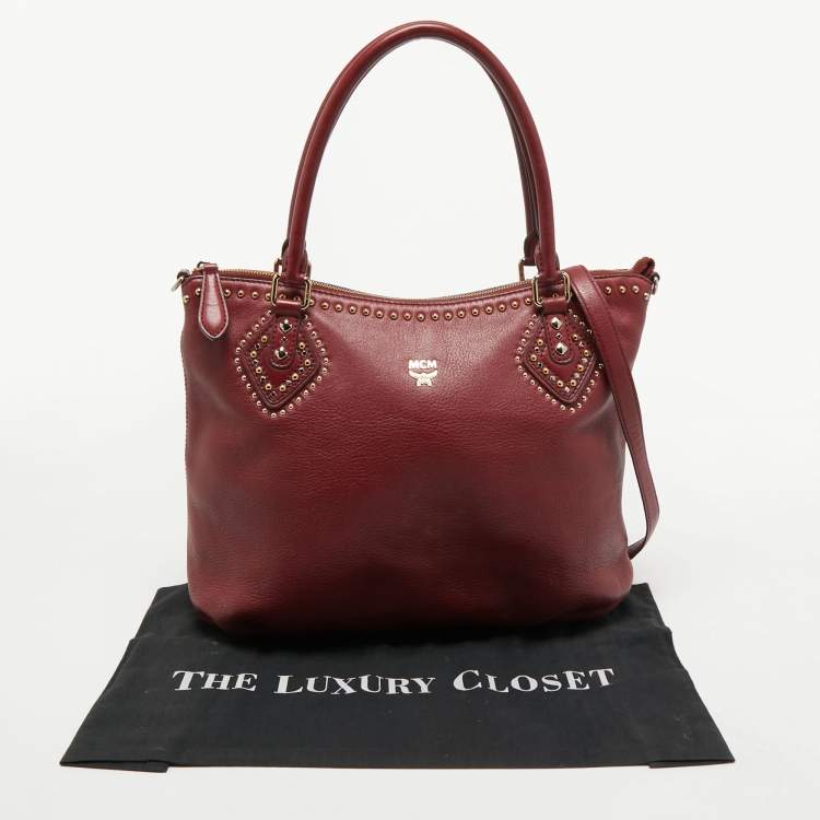 Pre Owned MCM Red Studded Leather Zip Hobo