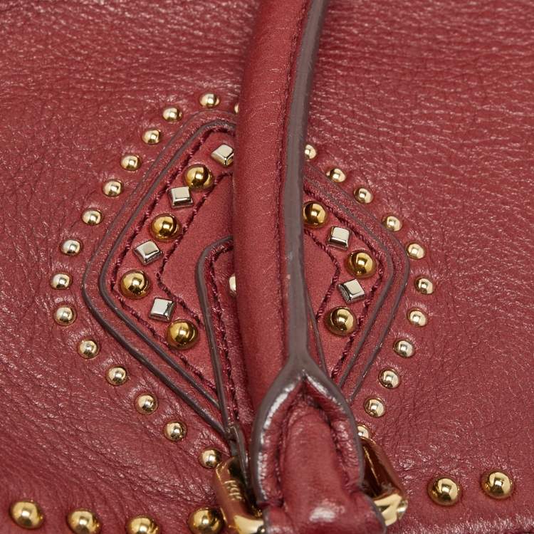 Pre Owned MCM Red Studded Leather Zip Hobo