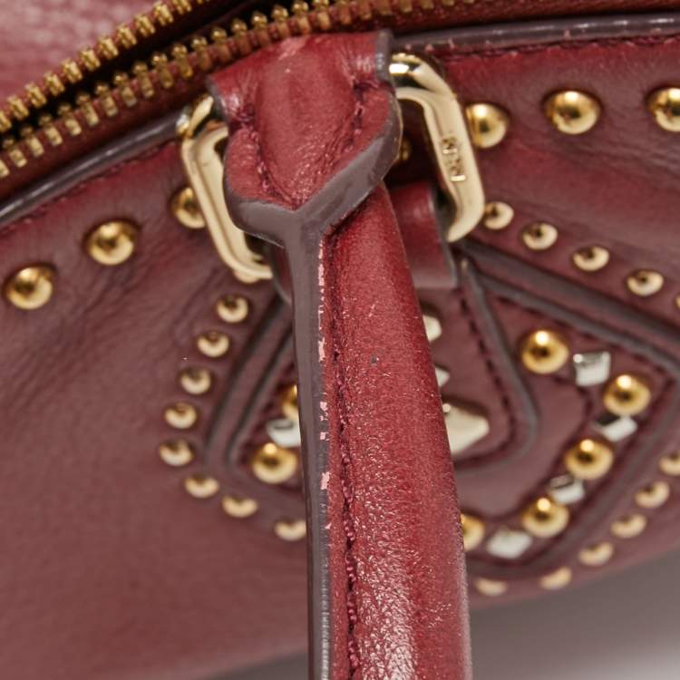 Pre Owned MCM Red Studded Leather Zip Hobo
