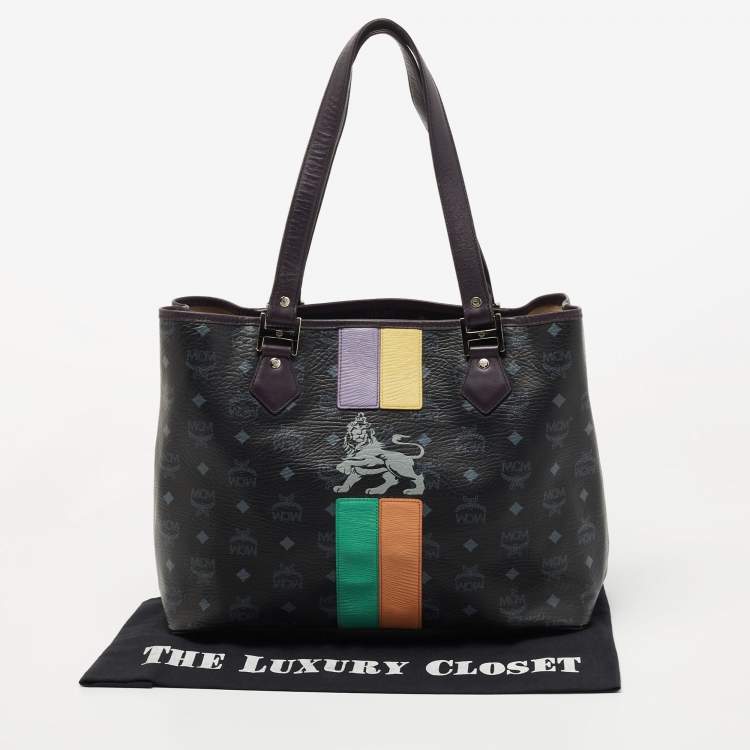 Pre Owned MCM Black Visetos Coated Canvas and Leather Princess Lion Shopper Tote