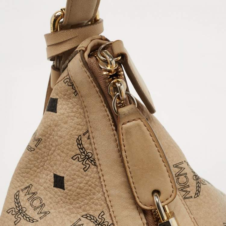 Pre Owned MCM Beige Visetos Coated Canvas and Leather Lock Shoulder Bag