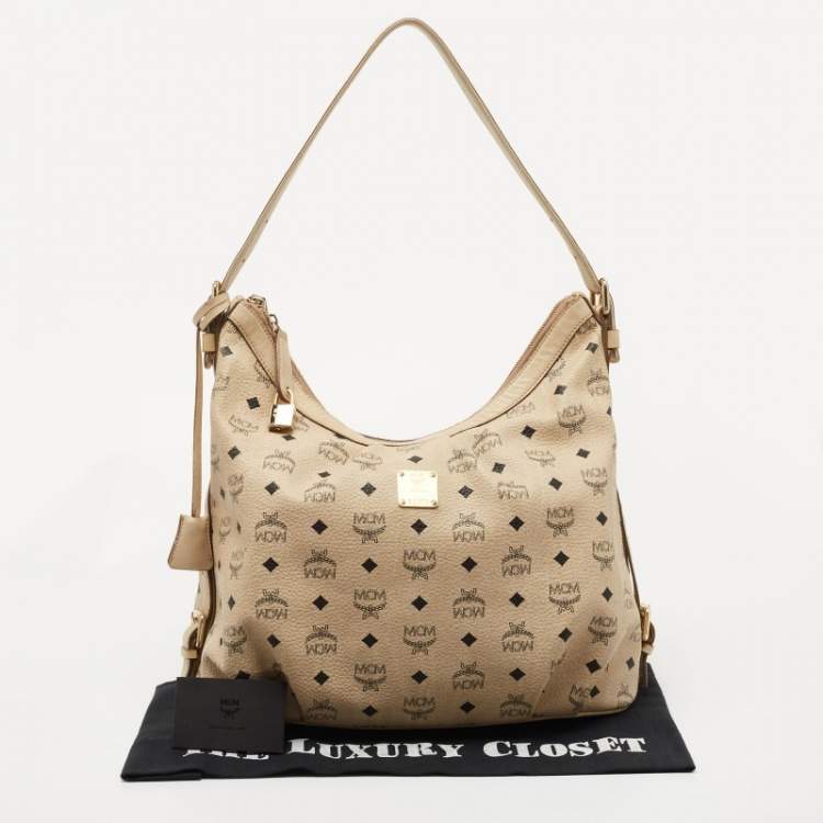 Pre Owned MCM Beige Visetos Coated Canvas and Leather Lock Shoulder Bag