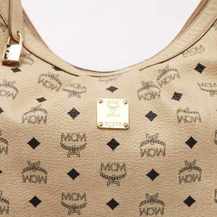 Pre Owned MCM Beige Visetos Coated Canvas and Leather Lock Shoulder Bag
