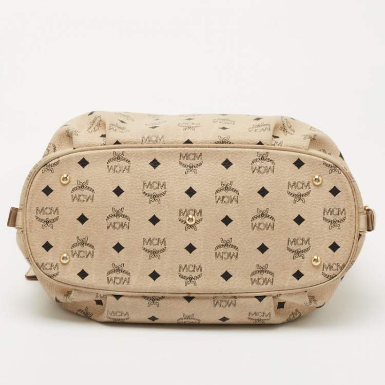 Pre Owned MCM Beige Visetos Coated Canvas and Leather Lock Shoulder Bag