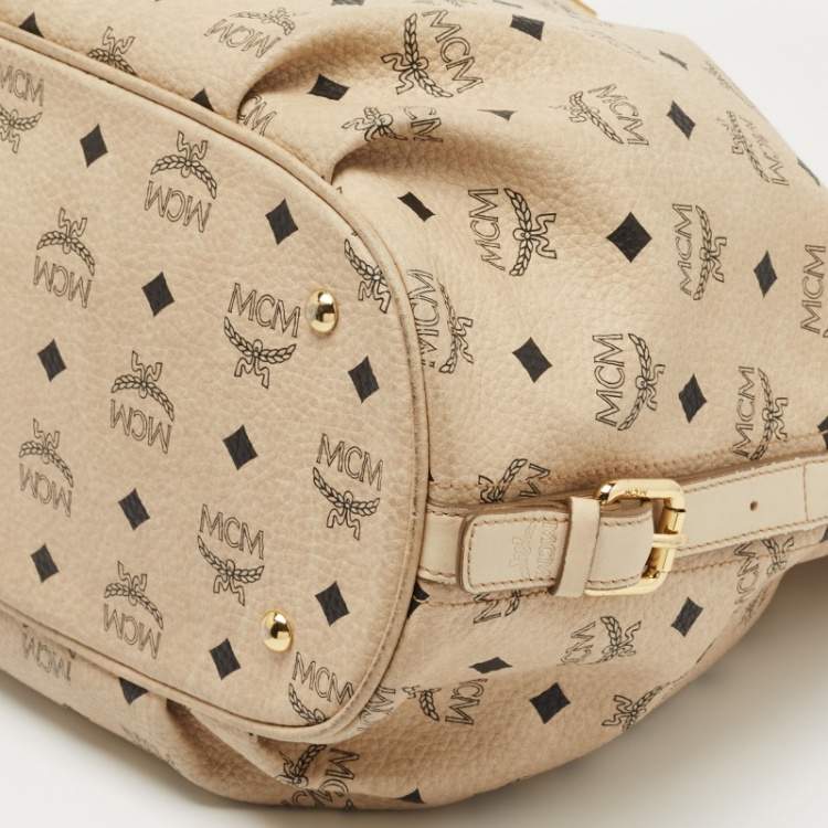 Pre Owned MCM Beige Visetos Coated Canvas and Leather Lock Shoulder Bag