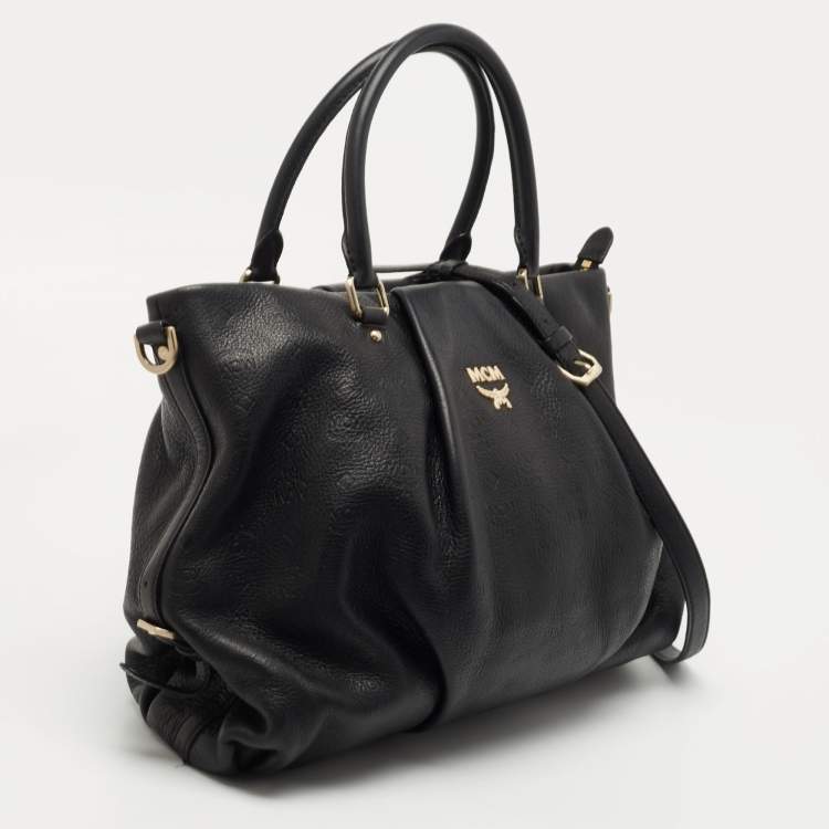 Pre Owned MCM Black Monogram Leather Top Zip Tote
