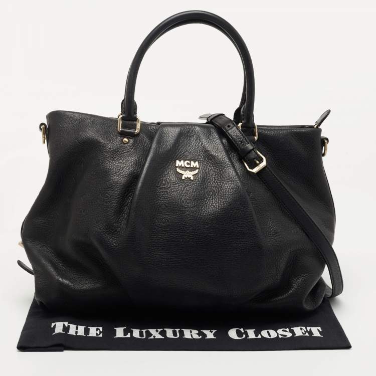 Pre Owned MCM Black Monogram Leather Top Zip Tote