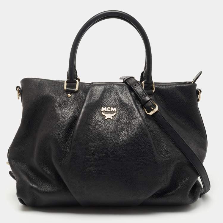 Pre Owned MCM Black Monogram Leather Top Zip Tote