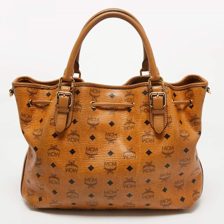 مملوكة مسبقًا MCM Brown Cognac Visetos Coated Canvas Drawstring Bucket Bag