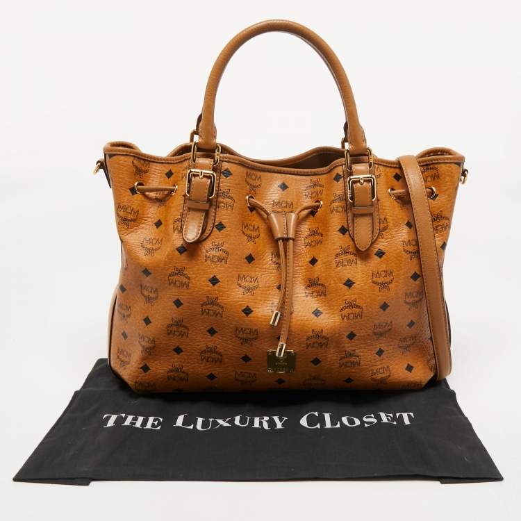 مملوكة مسبقًا MCM Brown Cognac Visetos Coated Canvas Drawstring Bucket Bag