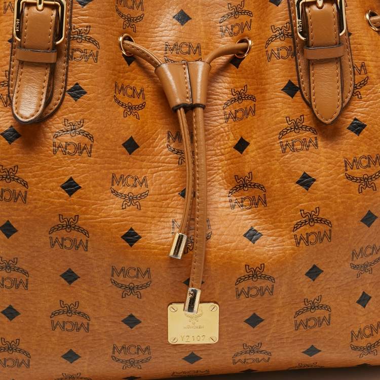 مملوكة مسبقًا MCM Brown Cognac Visetos Coated Canvas Drawstring Bucket Bag