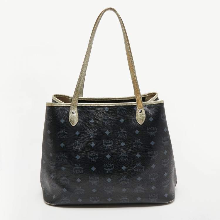 مملوكة مسبقًا MCM Dark Blue/Gold Visetos Coated Canvas Princess Lion Shopper Tote