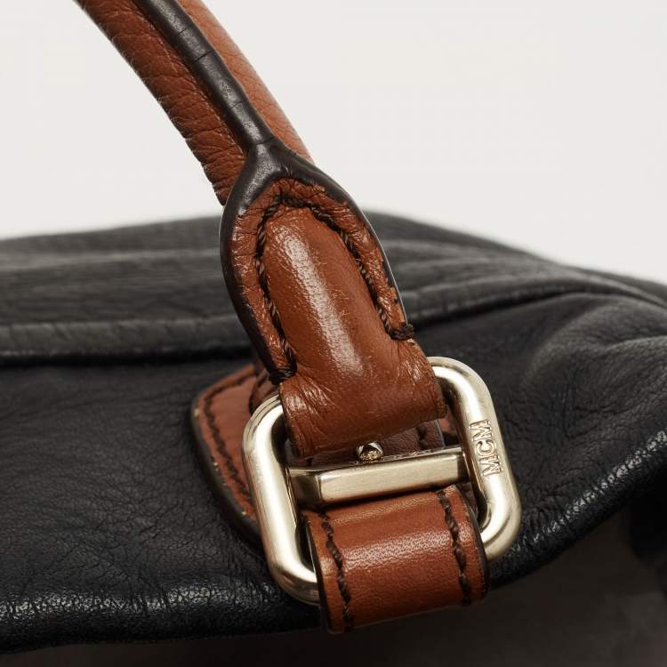 Pre Owned MCM Black/Brown Visetos Embossed Soft Leather Zip Shoulder Bag