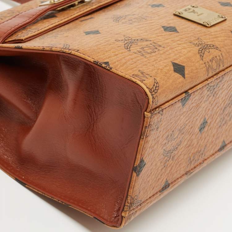 Pre Owned MCM Cognac Visetoes Coated Canvas Heritage Top Handle Bag