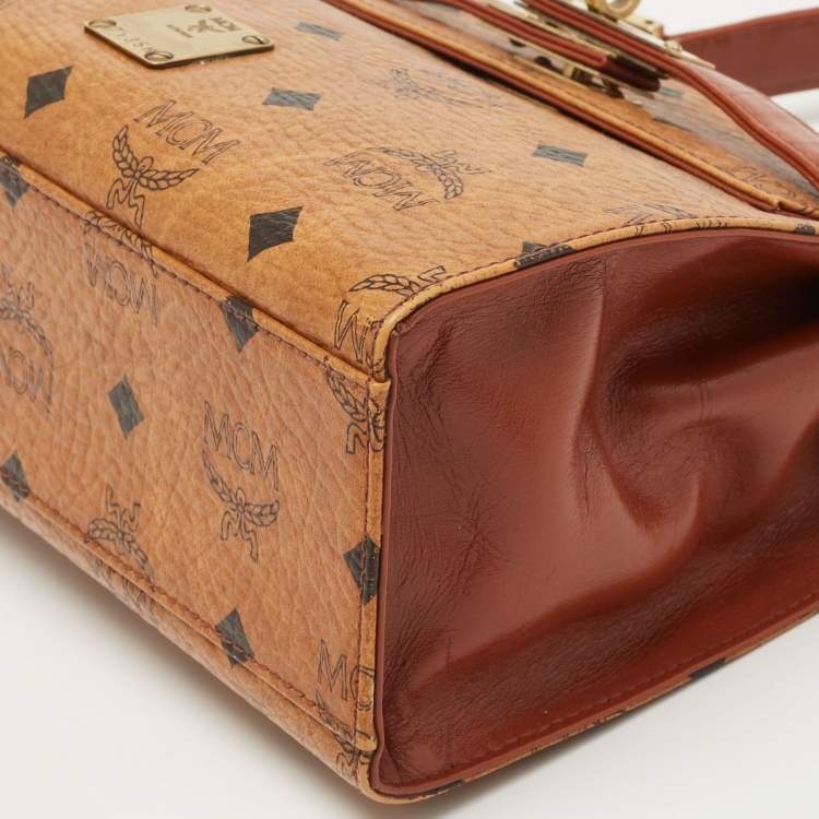 Pre Owned MCM Cognac Visetoes Coated Canvas Heritage Top Handle Bag